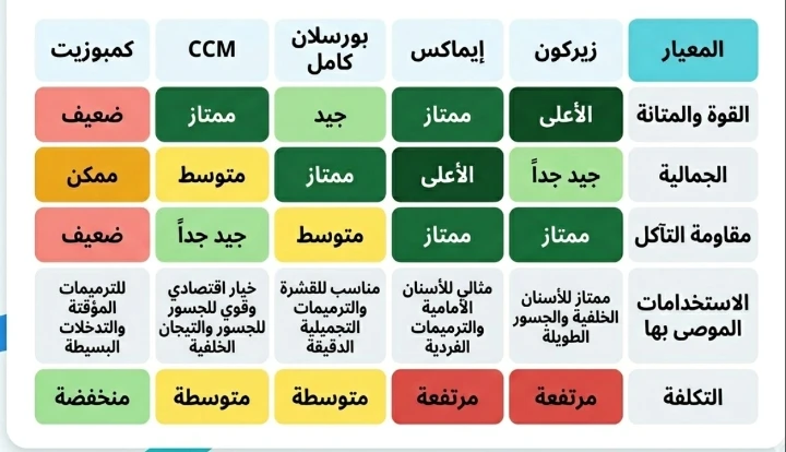 مقارنة بين أفضل أنواع تركيبات الأسنان الثابتة إيماكس و الزركون و الخزف سيراميك على معدن و حشوات كمبوزيت