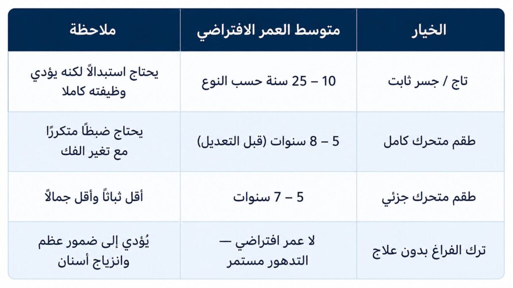 مقارنة العمر الافتراضي تركيبات الاسنان الثابتة