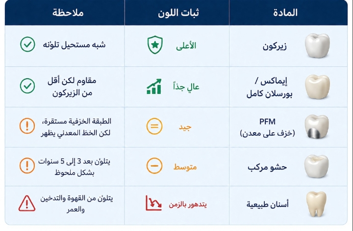 مقارنة ثبات لون الزيركون مقابل المواد الأخرى
